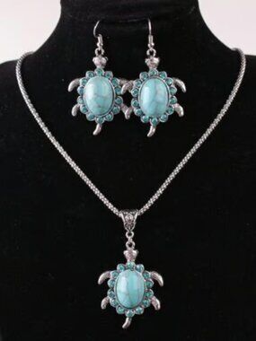 Silver Turquoise Rhinestone Sea Turtle Necklace & Earrings Set